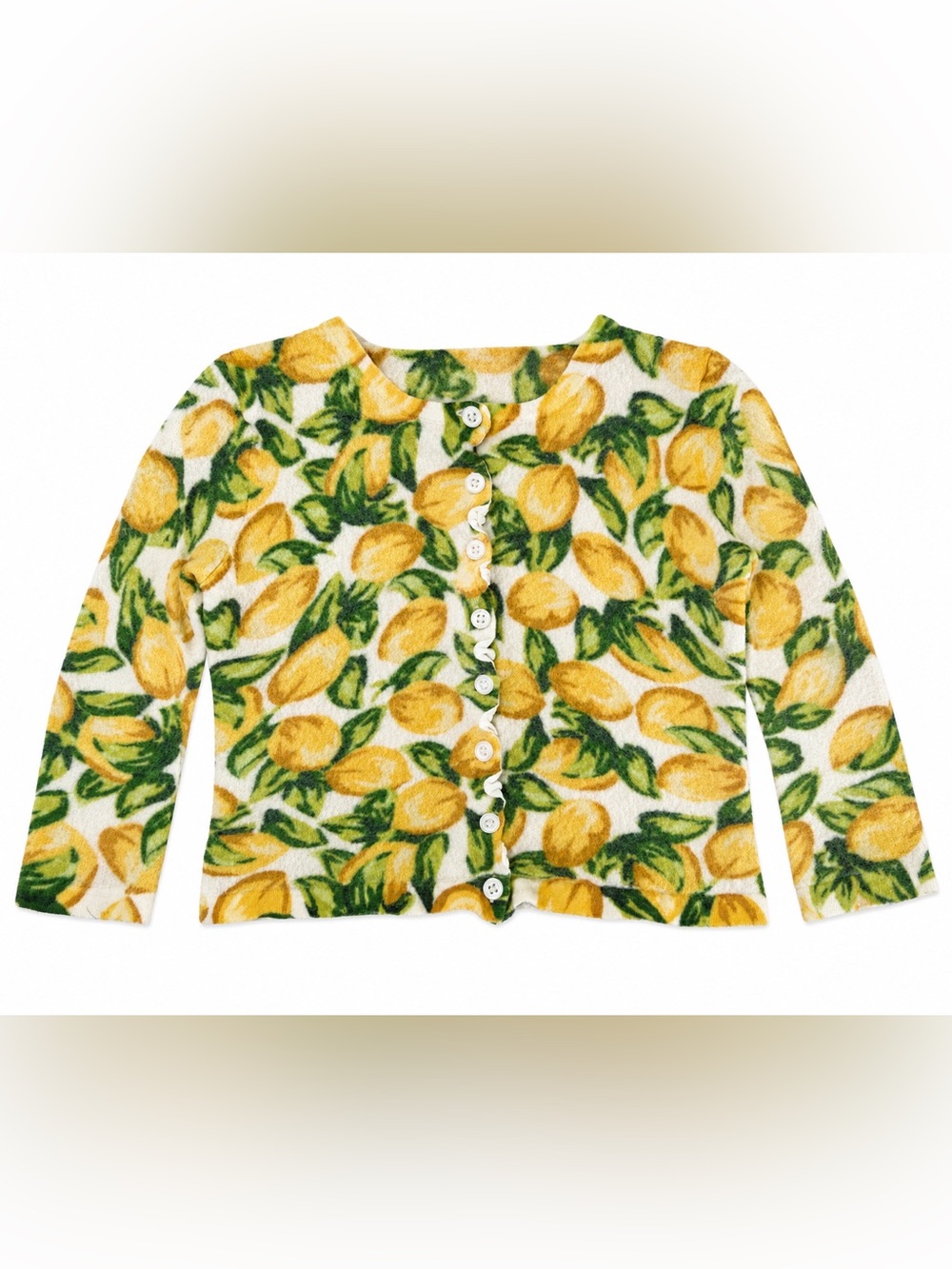100% Merino Wool Lemon-Print Button Cardigan Kids 4T 5T Cottagecore